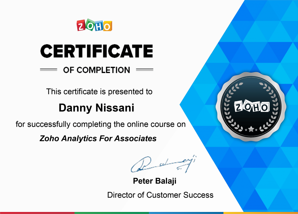 Zoho Analytics Course- Certificate of Completion
